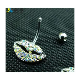 Navelklockknapp ringer DIY H￶gkvalitativ mode Sier Surgical Steel Colorf Rhinestone Lip Shape Belly Ring for Women Body Piecing DHW6H