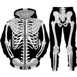 Tracki męskie zabawne szkieletowe narządy wewnętrzne nadrukowane bluza z kapturem/zamek błyskawiczny/set osobowość Halloween Streetwear Men Men Clothing Suits 230130