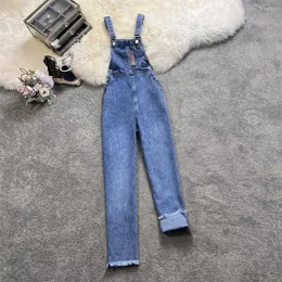 Kvinnors jeans avslappnade lösa kvinnor denim overall mode hög midja rems hängspänning byxor kvinnlig blå hoppdräkt