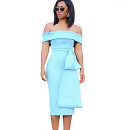 Abiti da festa The Shoulder Office Lady Pencil Midi Dress Women Slash Neck Bow Work aderente Stretch Business Elegante aderente