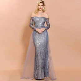 Vestidos casuais mulheres primavera sexy sem alças fora de ombro de manga longa para trás lantejoulas brilhantes gaze luxi maxi notury festas vestido de festa