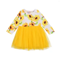 Mädchen Kleider Kleinkind Kinder Baby Kleid Sonnenblume Midi Langarm Rundkragen Hohe Taille Ausgestelltes Mesh Prinzessin Casual Party Kleid 18M-6Y