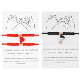 Länk armband kedja svart röd sträng kreativ kinesisk knut kärlek par kort hjärtmagnet attraktiv armband 2-stycke setlink