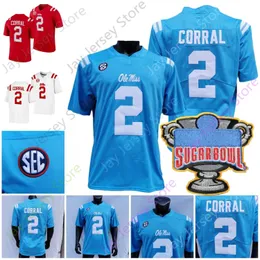 Новые футбольные майки футбольные майки 2022 Новый NCAA Ole Miss Rebels Football Jersey 2 Matt Corral College Sugar Bowl Patch Red Baby Blue Whi Whi