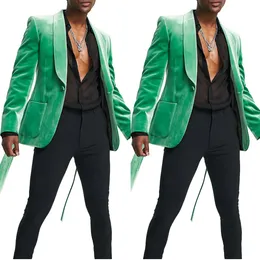 Gentleman Velvet Men Wedding Tuxedos Green Shawl Lapel One Button Blazer Outfits Business One Sway