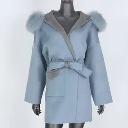 Wełniane mieszanki wełny damskiej Bluenessfair wełniane mieszanki wełny zimowa Kobiet Oversize Reail Natural Futro Collar Płaszcz Pasek odzieży wierzchniej 230130