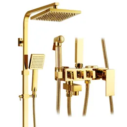 Banyo duş setleri pirinç altın seti mikser musluk termostatik duvar montaj bandı ile yağmur