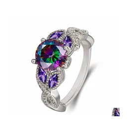 Band Rings Creative Fashion Colorf Stone Round Zircon Ring Sierplated Exquisite Purple Diamond Marquise Jewelry Party Birthday Drop D DHFB4