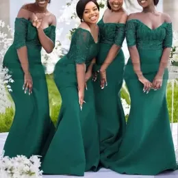 Emerald Green Lace Bridesmaid Dresses With Short Sleeves Mermaid Off Shoulder African Girls Long Maid Of Honor Gowns Plus Size