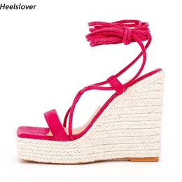 Heelslover Women Summer Gladiator Sandals Wedges Heels Square Toe Beautiful Orange Fuchsia Casual Shoes Ladies US Size 5-13
