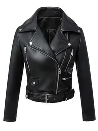 Women's Leather Faux Leather FTLZZ Women Autumn Winter Black Faux Leather Jackets Zipper Basic Coat Turn-down Collar Motor Biker Jacket With Belt 230130