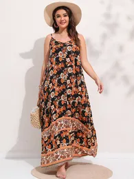 プラスサイズのドレスFinjani Floral Print Maxi Cami Dress for Women vneckバックレスエレガントなヘムボホーサイズ4xl 230130