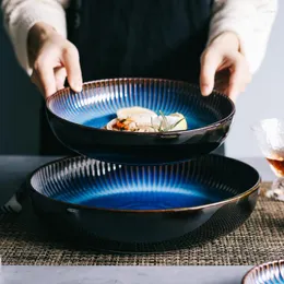 Tallrikar japansk blå rand keramisk västerländsk biff ramen platta enkel hushåll runda nudelsopp sallad dessert kök bordsartiklar