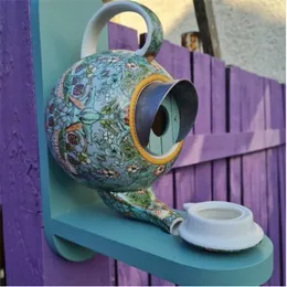 Andra fågelförsörjningar William Morris Cyan TEAPOT House and Feeder Ceramic Outdoor Hanging Wall Mount Garden Home Decor 230130