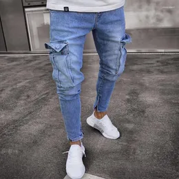 Jeans masculinos Moda de cor sólida calça jeans skinny Men bolsos vintage Slim Cargo Jean Troushers Mens 2023 Spring out Trend Streetwear