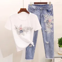 Frauen Zweiteilige Hosen 2023 Frauen Perlen 3D Blume 2 Stück Jeans Sets Frau Stickerei T-shirts Mode Pailletten Tops T Shirt Femme Anzüge