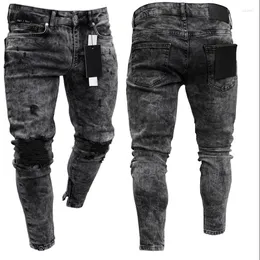 Men's Jeans Biker Men's Distressed Stretch Ripped Men Hip Hop Slim Fit Holes Punk Zipper Pure Color Denim Pants