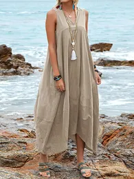 Casual Dresses Summer Solid Sleeveless VNeck Long Dres Fashion Loose Backless Chic LaceUp Simple Linen Big Hem 230130