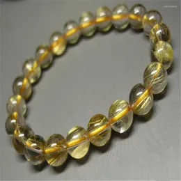 Strand 8.5mm äkta Brasilien Gul hår Titan Rutilated Quartz Fashion Jewelry Round Loose Bead Natural Crystal Armband för kvinnor