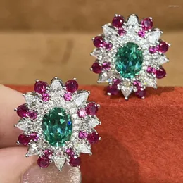 Stud Earrings Big Flowers Bling Emerald Green Agate Crystal Red Gemstones Diamonds Luxury For Women White Gold Filled Jewellery