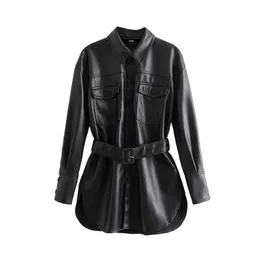 女性の革のフェイクハキシアファン女性ビンテージスタイリッシュなベルトジャケットコートファッション長袖ポケットサイドベントパウターウェアシックトップスウェーメン