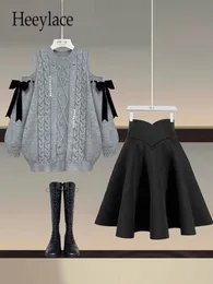 Двух кусочков осенний зимний набор для женщин для женщин с плеча с бриллиантовым вязаным свитером и плиссированными юбками комплекты 4xl костюм 230130