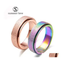 Bandringar Titanium Steel 6mm roterande f￶r Womwn Men Rose Gold Rainbow Frosted Surface Lucky Runner Engagement Wedding Jewerly Gifty Dhih8