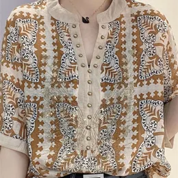 女性用Tshirt夏のエレガントなファッションプルオーバー女性用マンガスコルタシフォンカジュアル刺繍フレアリベット韓国トップブルザミュージャー230130