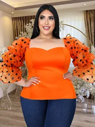 نساء زائد الحجم tshirt قمم برتقالية 4XL Polka Dot Flare Clareves Office Lady Evening Birthday Party Women Blouses Spring Drop 230131