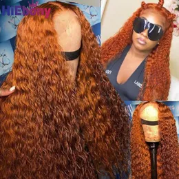 Hiebony Preplucked Remy Human Hair Lace Front Wigs Ginger Orange Curly 180% 13x6 글루없는 정면 베이비 가발