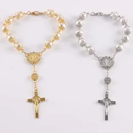 Link Bracelets Imitation Pearl Beads 10mm Torus Rosary Catholic Holy Communion Cup Cross Crucifix Embellishment Pendants Bracelet Alloy