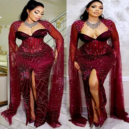 2023 Arabic Aso Ebi Burgundy Sheath Prom Dresses Lace Beaded Sexy Evening Formal Party Second Reception Birthday Engagement Gowns Dress ZJ118