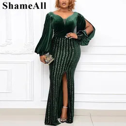 Vestidos de tamanho plus size tamanho de lanterna longa lanterna de lantejoula traseira Willon Green Maxi Dress 4xl Sheer Mesh Hollow Out Split Party Club 230131