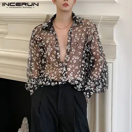 Men's Casual Shirts Fashion Men Mesh Shirt Transparent Long Sleeve Printed Lapel Loose Streetwear Blouse Party Clubwear Casmia S5XL INCERUN 230130