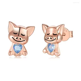 Stud Earrings 925-Sterling-Silver Cute Pig Blue Cubic Zirconia Pieced Ear Jewelry Birthday Gifts For Women Girl Animal Lover