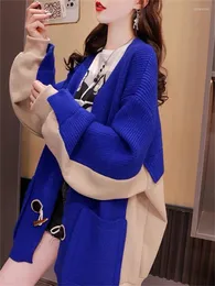Malhas femininas hsa coreana suéter solto cardigan 2023 inverno outono moda de retalhos de malha de bolso femme casual casual