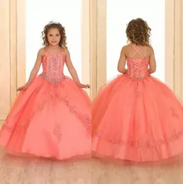 Coral Crystals Pärled Girls Pageant Dresses Sleeveless Lace Organza Flower Girl Dresses Corset Back Pageant Gowns For Teens BC2990