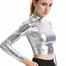 Women's TShirt CHSDCSI PU Short Top Women Shiny Leather High Street Turtleneck Dance Clubwear Long Sleeve s Gold Silver Costumes T shirt 230130