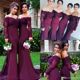 Maroon Beads Mermaid Bridesmaid Dresses Off Shoulder Long Sleeve Lace Applique 2023 Custom Made Bridesmaids Wedding Dress