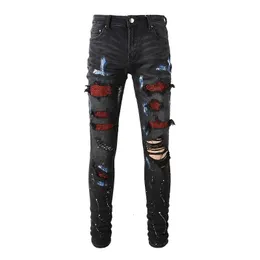 Mäns jeans ankomst svart nödställda streetwear skada hål skinny stretch förstörda revben lappar målade rippade 230131
