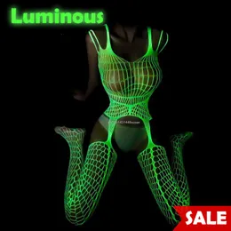 Sexy Set Luminous Bodysuit, veja através do Hollow Out Round Roupas de lingerie Trajes de sexo para vestido de malha Bondage 230131