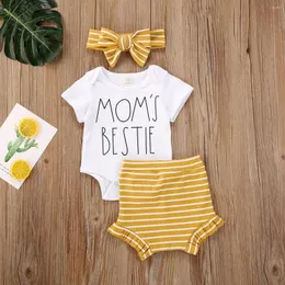 Kleidungssets 0-18 Monate Säuglingsbaby-Jungenkleidung 3-teiliges Briefdruck-Weiß-Kurzarm-Strampleroberteil mit gestreiften/Leopardenshorts-Baumwollset