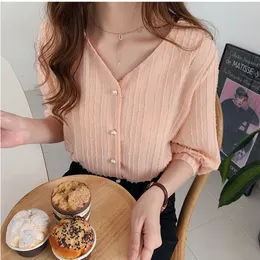 Women's TShirt Chiffon Woman Blouse Summer 710 Sleeve VNeck Loose Plus size Korean version Tops Blouses PinkGreen 230131