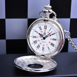 Pocket Watches Classic Silver Watch Men fob Clock Roman Number Hand Wind Mechanical Relogio de Bolso med klipp Lång kedja