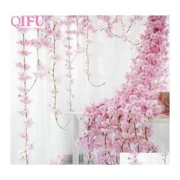 Decorative Flowers Wreaths 200Cm Sakura Cherry Blossom Rattan Vine Artificial Silk Wedding Party Decoration Ivy Wall Hanging Garla Otcq9