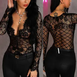 Women's Jumpsuits Rompers ITFABS Brand Women Sexy Hollow Out Lace Jumpsuit Bodycon Bodysuit Leotard Female Long Sleeve Deep V Neck See Through 230131