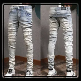 Herr jeans tryckt detalj stretch denim bomullsbyxor smala passform ny 124