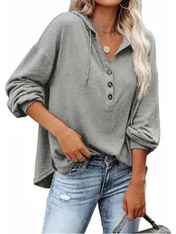 Женские куртки Женские длинные рукавы сплошной капюшона Sweatershirt с пуговицей DrawCord вниз 230131