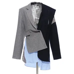 Trajes de mujer Blazers Blazer largo de lana para mujer Colorblock Abrigo asimétrico de un solo botón High Street