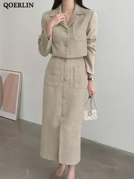 Two Piece Dress QOERLIN Elegant Tweed TwoPiece Skirts and Blazer Suits Stylilsh Long Sleeve Short Jacket Coat High Waist Back Zipper Midi Skirt 230131